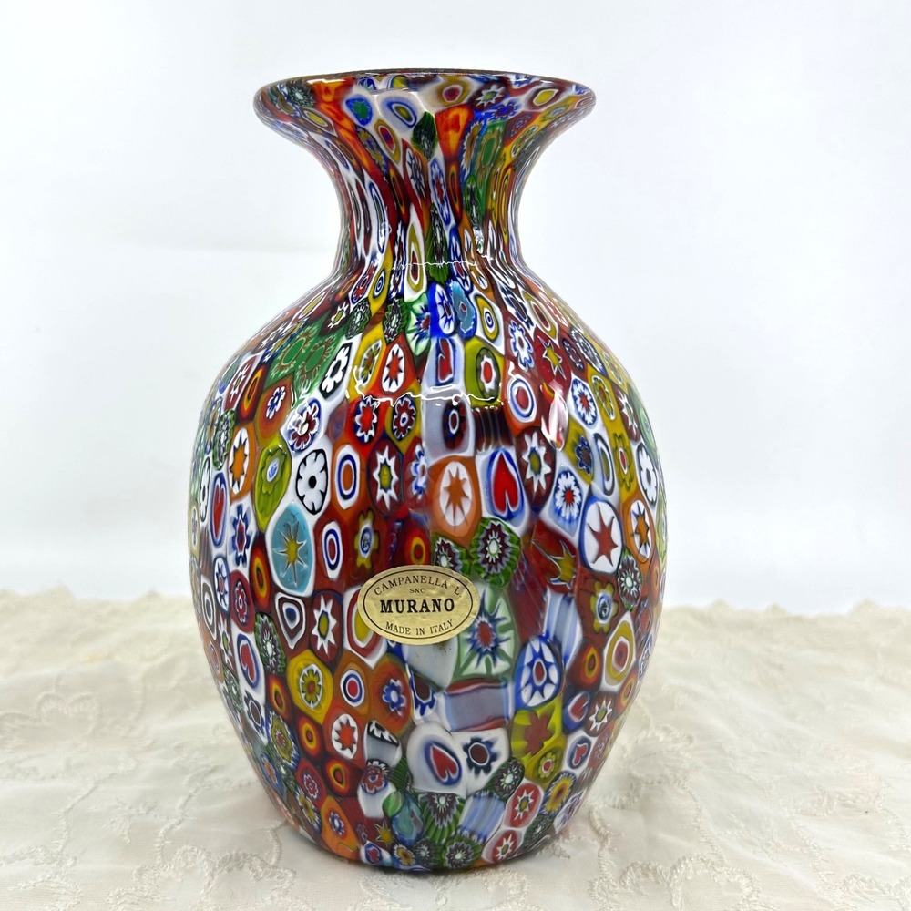 Vintage Murano Millefiori Glass Vase Campanella L Venetian Artisan Glass